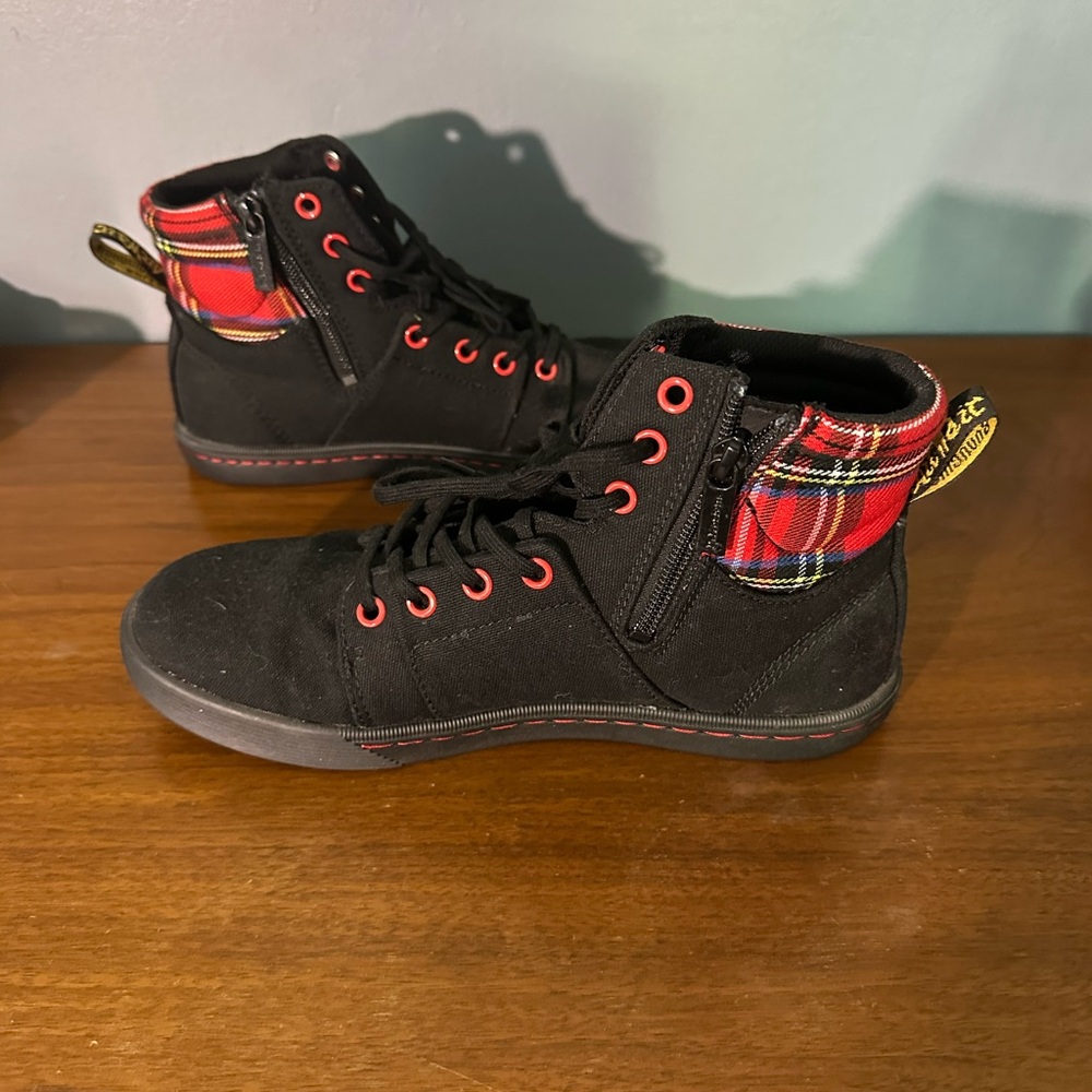 Dr. Martens Black and Red Plaid Sneaker Boots